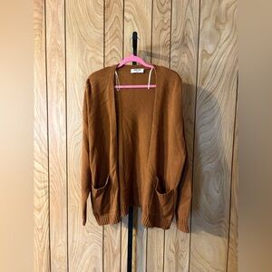 Brown Open-Front Knit Cardigan with Pockets
